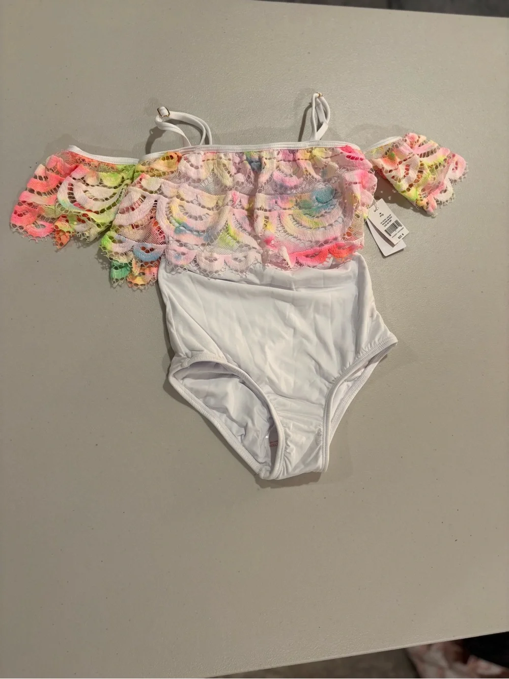 Pilyq White One-Piece Swimsuit with Neon Lace Ruffle